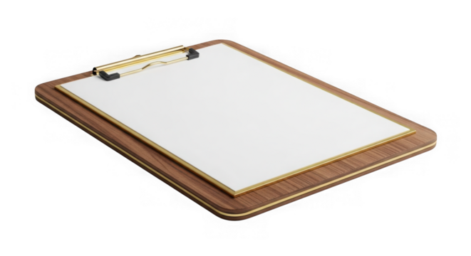 Wooden clipboard with blank paper mockup isolated on transparent background
