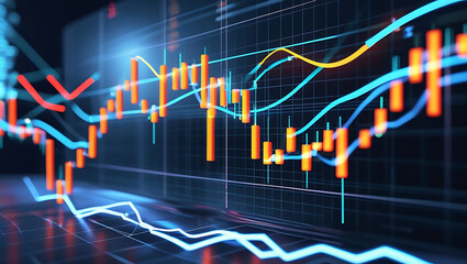 Dynamic Financial Market Visualization Glowing Candlestick and Line Charts on Dark Background.