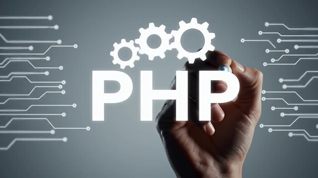 Conceptual Image of PHP Coding in White Letters with Gears and Electronic Circuits on a Gray Background Hand Touching Virtual Interface