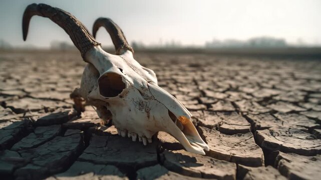 Skull of a ram resting on cracked dry earth in a desolate landscape during bright daylight