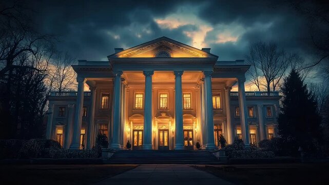 Grand neoclassical mansion at dusk, illuminated, dramatic sky - Powered by Adobe