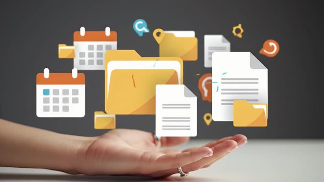 Conceptual Presentation of Data Management Using a Hand Holding Calendar Files and Folders Over a Light Table and Gray Background