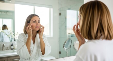 A woman in a white bathrobe applying cream to her face in front of a bathroom mirror.