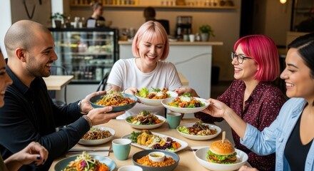 A group of friends enjoying a meal together in a cozy cafe.