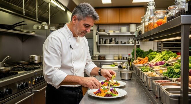 A chef in a professional kitchen, preparing a dish with fresh vegetables and herbs. - Powered by Adobe