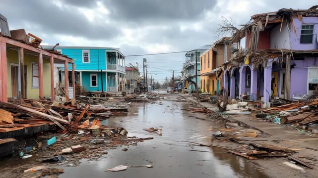 Destruction and debris in a once vibrant neighborhood after a natural disaster impacting homes and streets