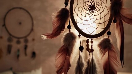 Dreamcatcher gently sways in cozy bedroom setting with warm ambient lighting - Powered by Adobe