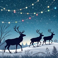 silhouetted reindeer walking through a snowy landscape under festive holiday lights