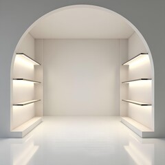 A modern minimalist display room with an arched entrance, sleek floating shelves on both sides, and soft ambient lighting. The clean white interior creates an elegant, futuristic atmosphere.
