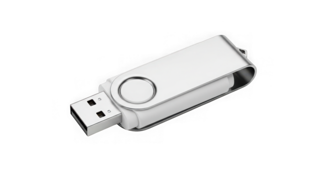 Silver metal usb flash drive mockup isolated on transparent background