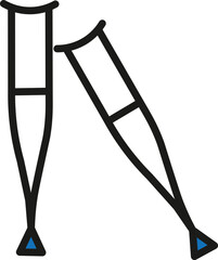 Disabled person icon. Crutches, braille, wheelchair, cane, hearing aid, prosthetic, guide dog, glasses, hospital bed, communication, support, accessibility, healthcare, therapy, disability