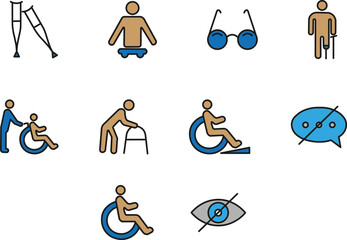 Disabled person set icon. Crutches, braille, wheelchair, cane, hearing aid, prosthetic, guide dog, glasses, hospital bed, communication, support, accessibility, healthcare, therapy, disability.