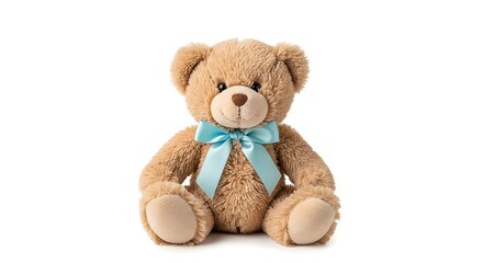 Obraz premium Adorable teddy bear plush toy with blue ribbon bow for kids gift and baby shower decor