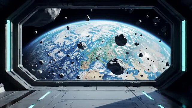 Futuristic Spaceship Corridor with a Large Window Facing Earth Surrounded by Asteroids and Blue Lighting Creates a Science Fiction Atmosphere