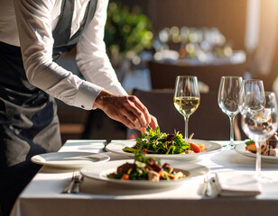 Chef Carefully Garnishing Gourmet Dish with Fresh Herbs in Upscale Restaurant Setting.creativity, elegance, enjoyment, presentation, professional, quality, relaxation, service, stylish, artistry, 