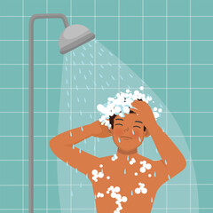African man taking shower in the bathroom