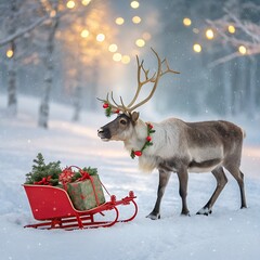 Reindeer pulling a festive sleigh filled with christmas gifts in a snowy forest