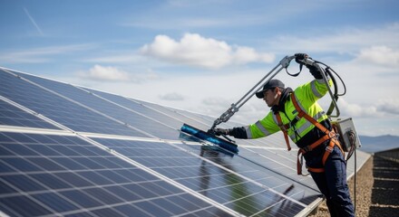 A man in a neon yellow safety vest and hard hat cleaning solar panels with a blue brush.
