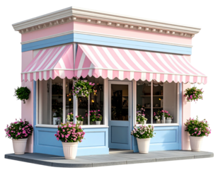  Three-Quarter Angle of Vintage Pink and Blue Shop with Pink Striped Awnings, Transparent Background