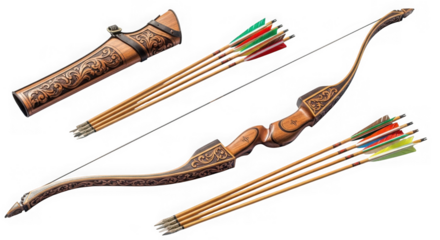 Ornate bow and arrow set with quiver isolated on transparent background