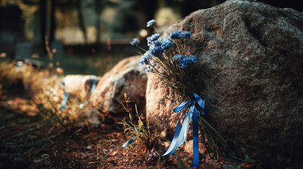 Obraz premium Blue Cornflowers Resting on a Rock: A Serene Nature Scene