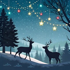 Two reindeer silhouetted against a starry night sky with festive christmas lights