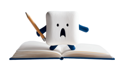 Marshmallow figure with pencil on open book