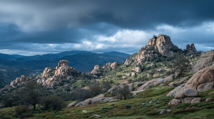 Obraz premium Rocky mountain vista under stormy sky