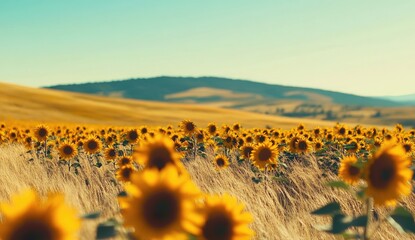 Sunflowers field stretches to a hazy mountain range