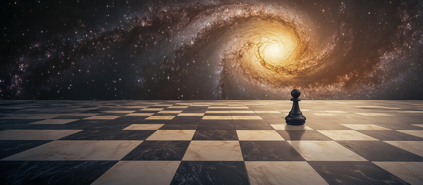 A surreal chess board with a lone chess piece at its center, set against a cosmic backdrop filled with swirling galaxies, distant stars, and a bright nebula. - Powered by Adobe