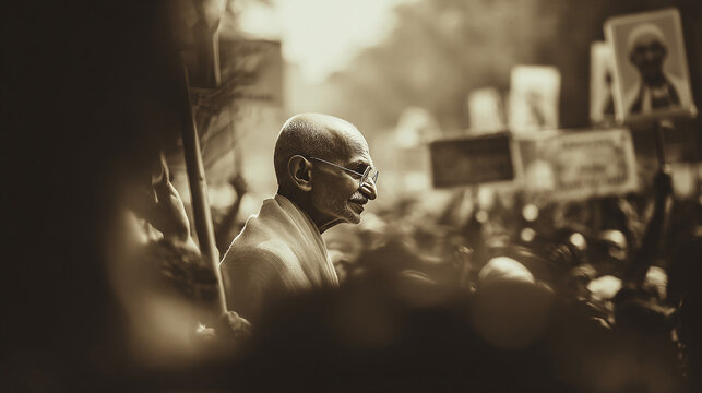 Gandhi: A Sepia Portrait Amidst a Crowd, Reflecting India's Legacy