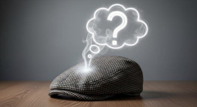 A classic tweed flat cap rests on a wooden table, emitting a glowing, smoky question mark thought bubble, symbolizing deep contemplation and intellect. The Thinker's Cap from The Uniform & The