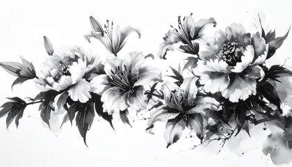 墨絵で描く牡丹と百合の花の白黒画