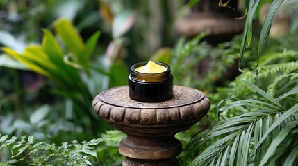 Round cream jar with yellow body balm inside and greenery in the background, highlighting facials, textures, color details, pastel tones.
