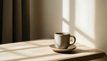 Coffee cup on wooden table in sunlight