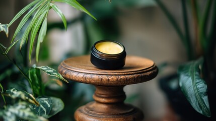 Round cream jar with yellow body balm inside and greenery in the background, highlighting facials, textures, color details, pastel tones.