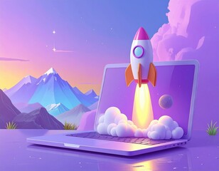 A rocket launches from a laptop screen in a surreal landscape with mountains and a pink-purple sky at sunset.