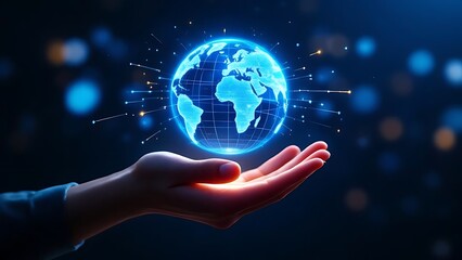 Futuristic glowing digital globe floating above a hand with neural connections, ideal for illustrating global communication, data technology, and business networking concepts