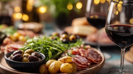 Savoring gourmet appetizers and red wine cozy dining setting food photography elegant ambiance close-up view culinary experience