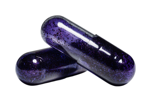 Close up of two dark purple capsules.