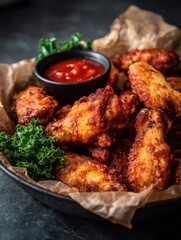 Fototapeta premium Crispy chicken wings feast restaurant kitchen food photography indoor close-up view culinary delight