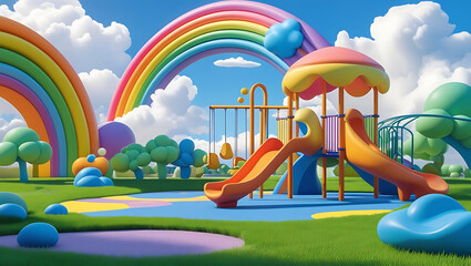 Whimsical Rainbow Playground 3D Render of a Colorful Cartoonish Play Area with Slides Swings and Rainbow Arches Under a Sunny Sky.