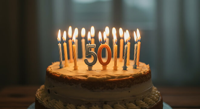 Celebrate a Milestone Golden Birthday Cake with Candles for 50th Anniversary - Powered by Adobe