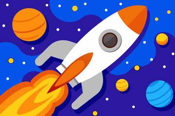 Naklejka premium Cartoon Rocket Flying Through Colorful Outer Space with Planets and Stars