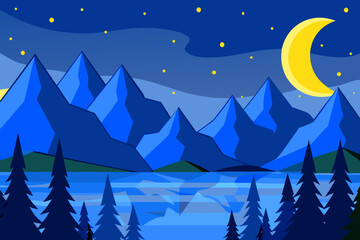 Fototapeta premium Nighttime Mountain Landscape with Moon and Stars Over Calm Lake