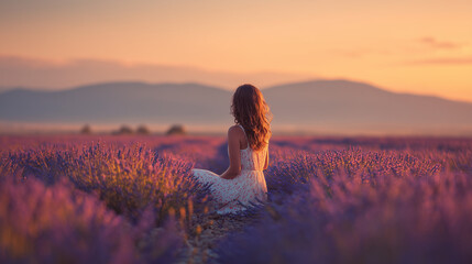 Woman Watching Sunset in Lavender Field Seeking Peace and Serenity


