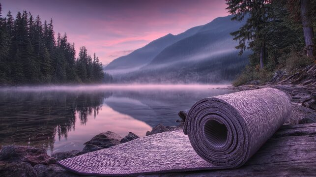 Rolled yoga mat by a serene lake at dawn.
