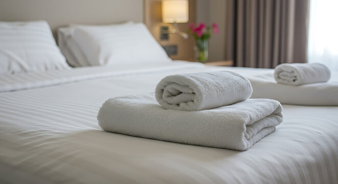 Freshly Folded White Towels Placed on Bed in Bright Hotel Room Interior