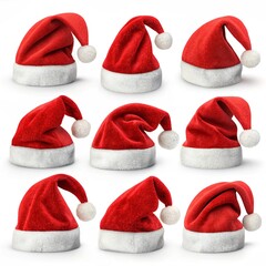 Collection of nine classic red santa hats with white trim and pom poms