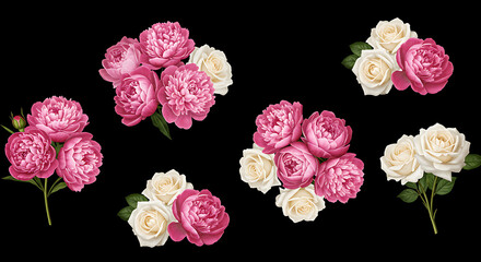 Elegant Floral Banner with Vintage Pink Peonies and White Roses on Black Background – Flower Header or Cover Design